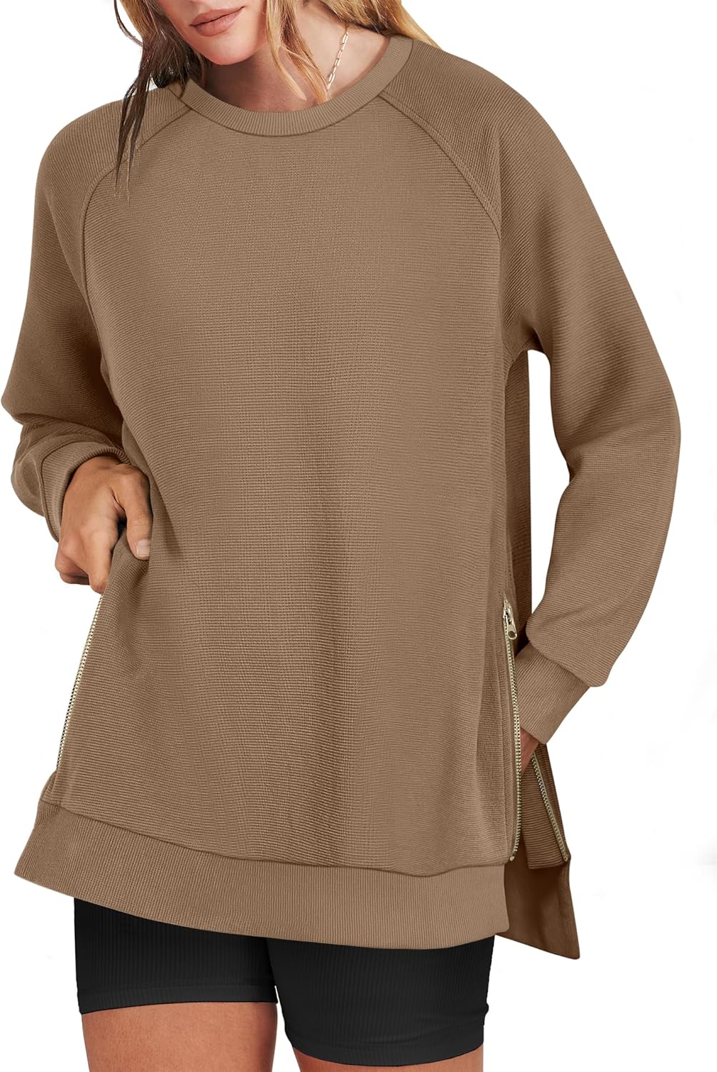 Oversized Sweatshirts for Women with Side Zipper and Crewneck