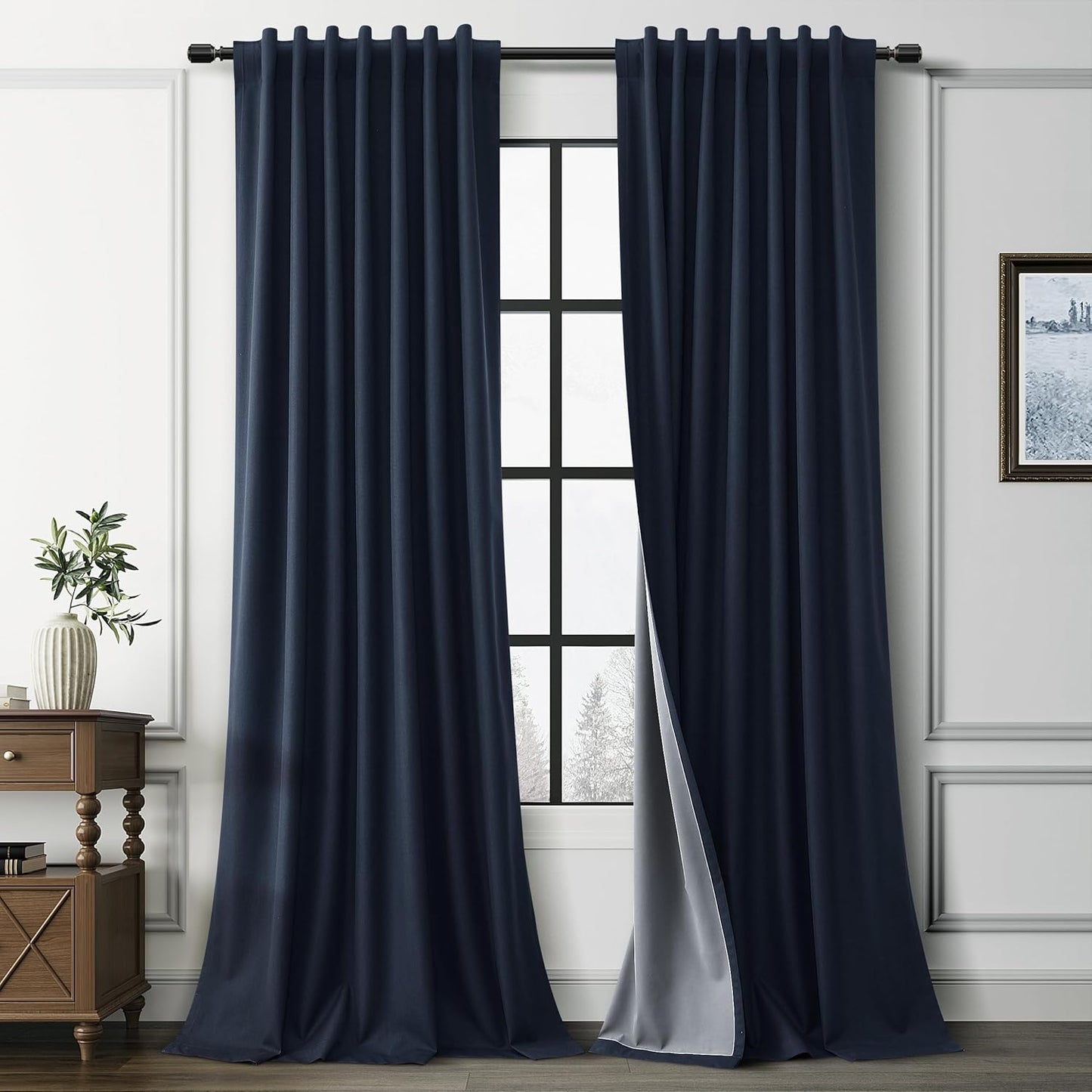 Guken Navy Blue Blackout Linen Curtains for Elegant Living Rooms