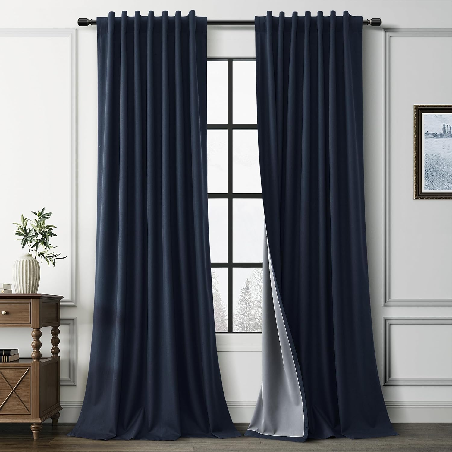 Guken Navy Blue Blackout Linen Curtains for Elegant Living Rooms