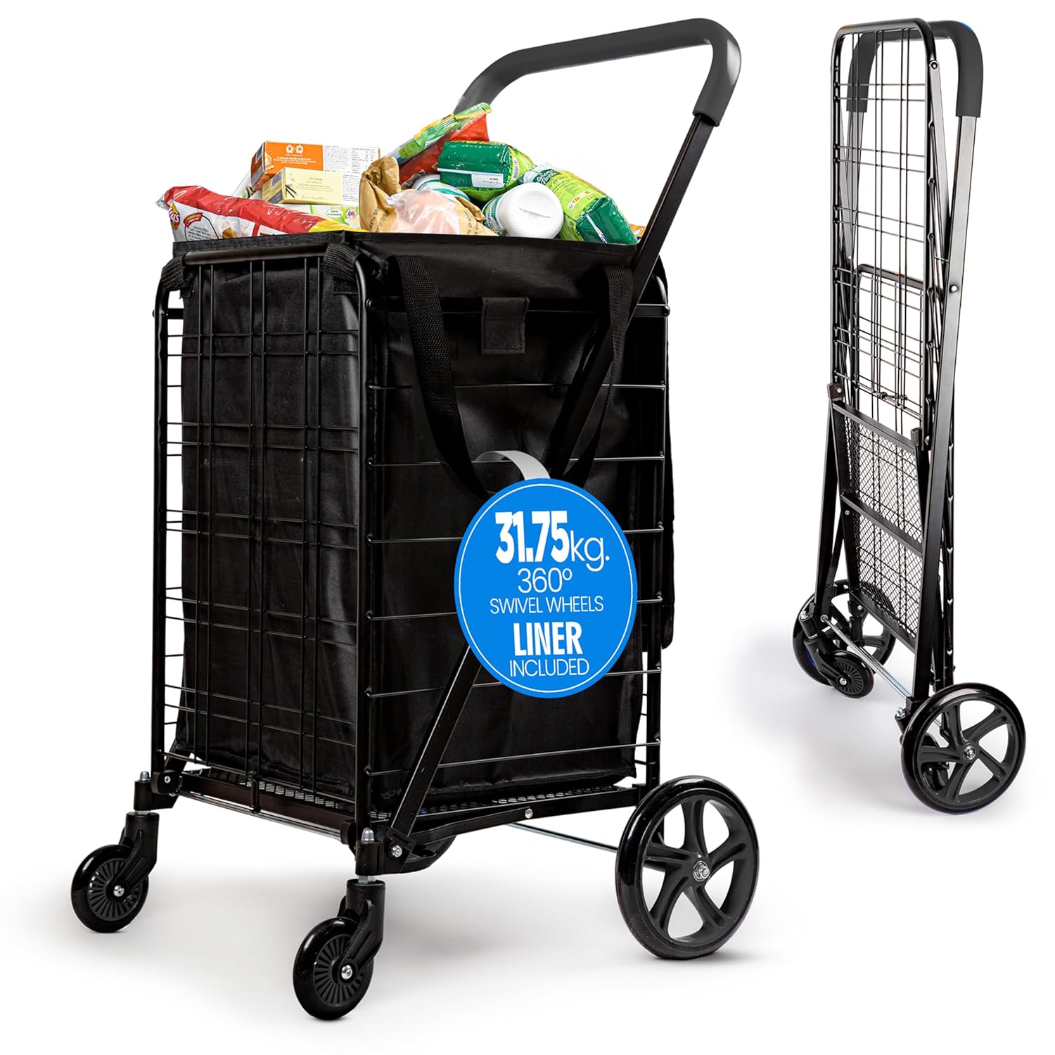 SereneLife Compact Folding Shopping Cart with Waterproof Liner