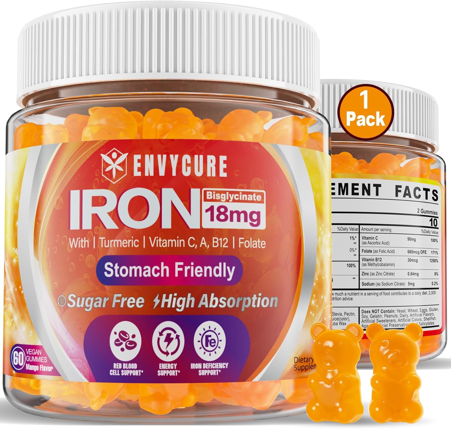 Sugar Free Iron Gummies for Women Men - 18mg Iron Bisglycinate
