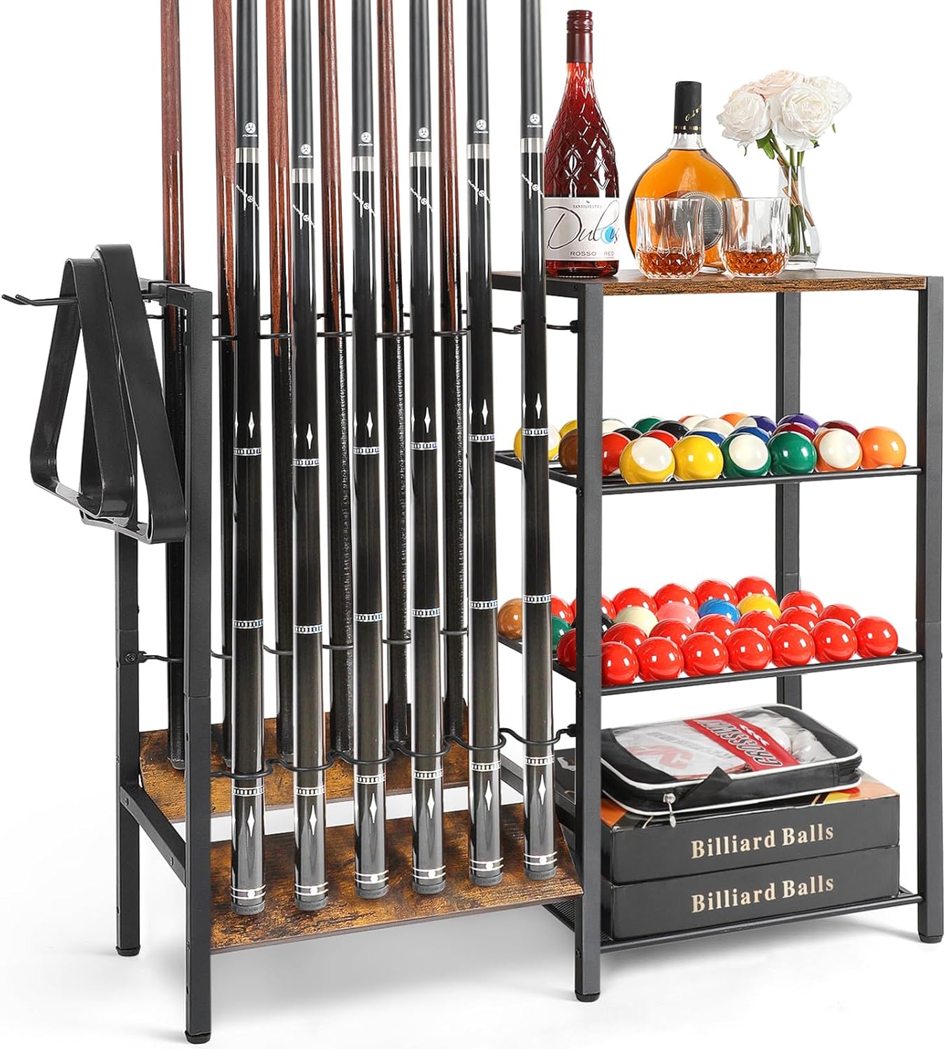 Pool Stick Holder Floor Stand for 12 Cues and Ball Storage
