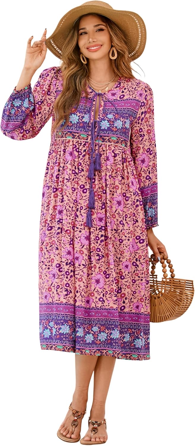 R.Vivimos Women's Long Sleeve Floral Print Bohemian Midi Dress