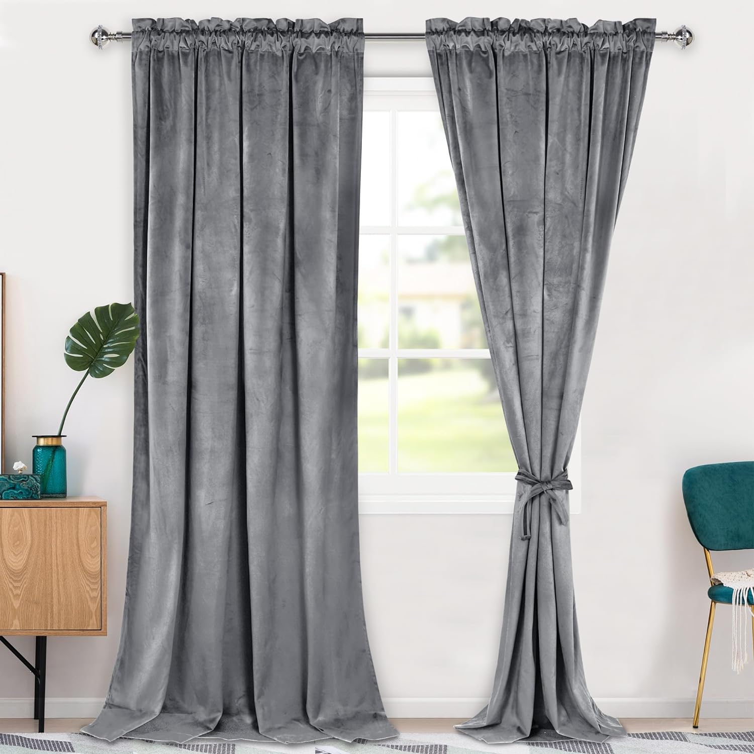Hiasan Grey Velvet Blackout Curtains - 96 inches, 2 Panels