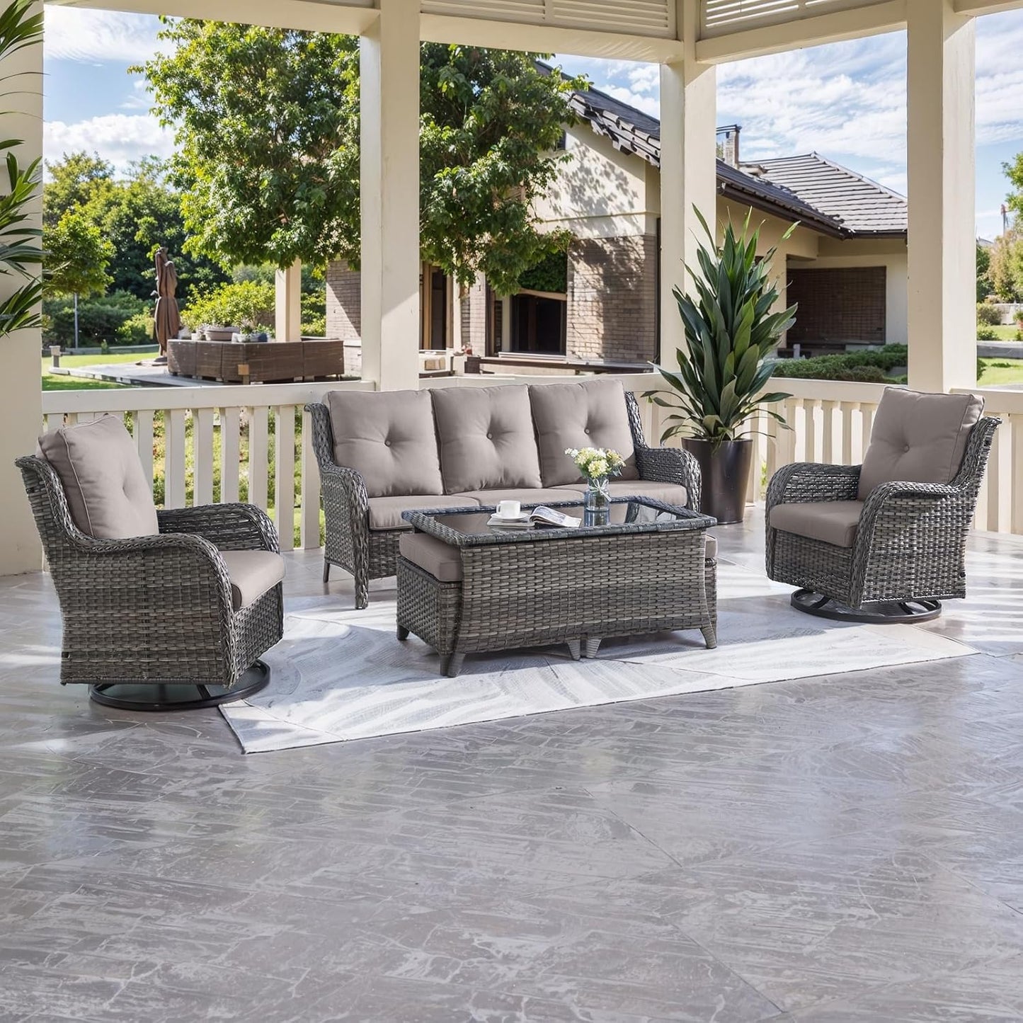 HUMMUH 6-Piece Wicker Patio Set with Swivel Rockers