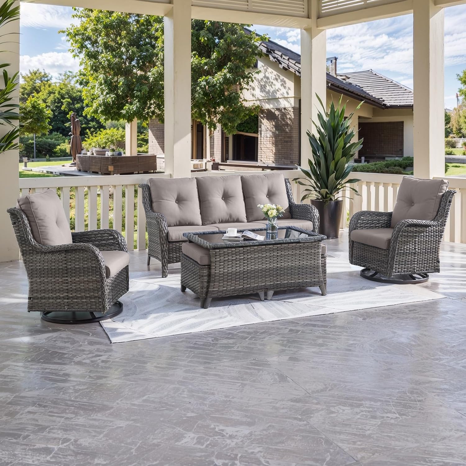 HUMMUH 6-Piece Wicker Patio Set with Swivel Rockers