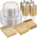 WELLIFE 600pc Gold Trim Plastic Dinnerware Set for Party - Perfect