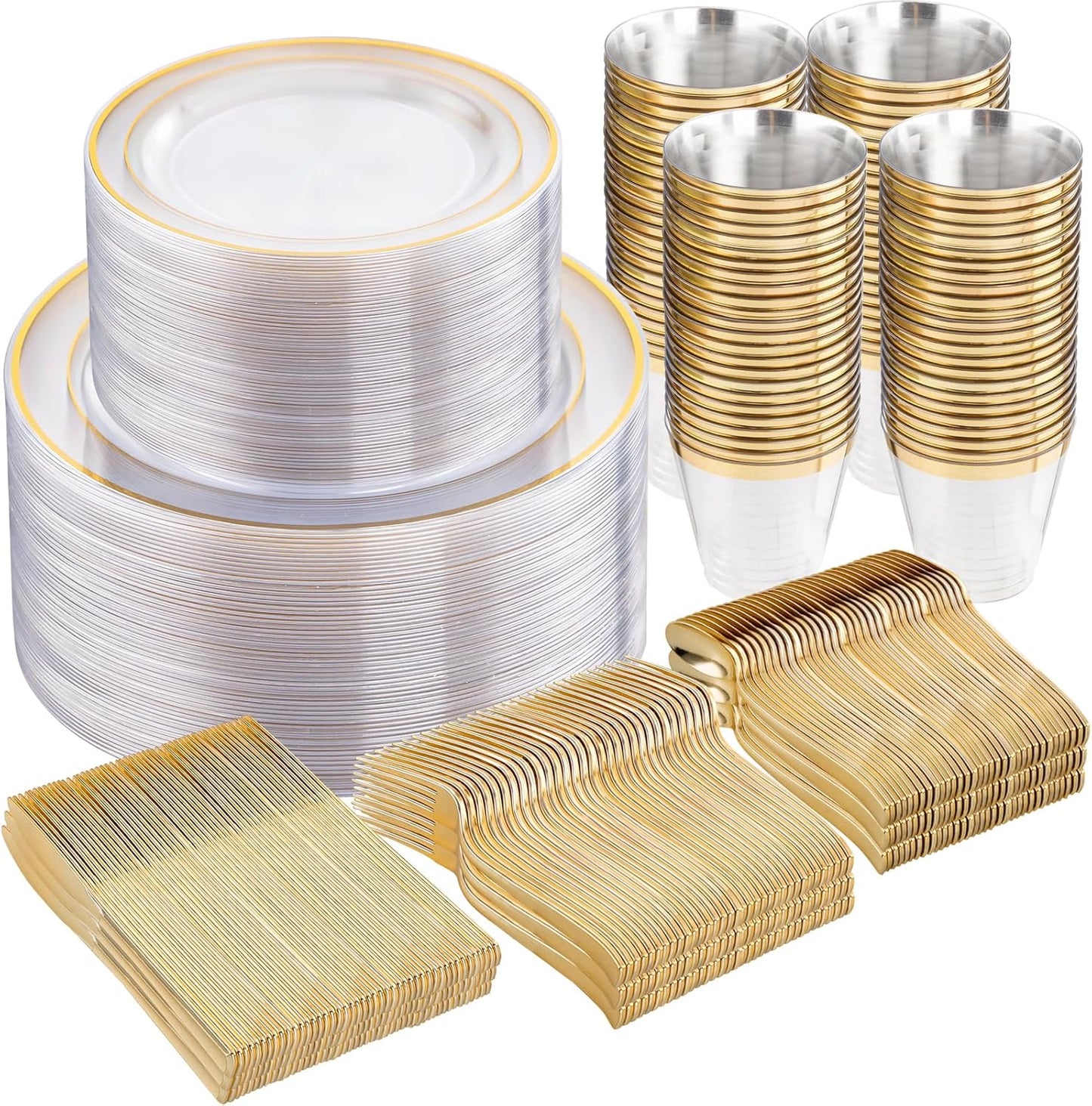 WELLIFE 600pc Gold Trim Plastic Dinnerware Set for Parties
