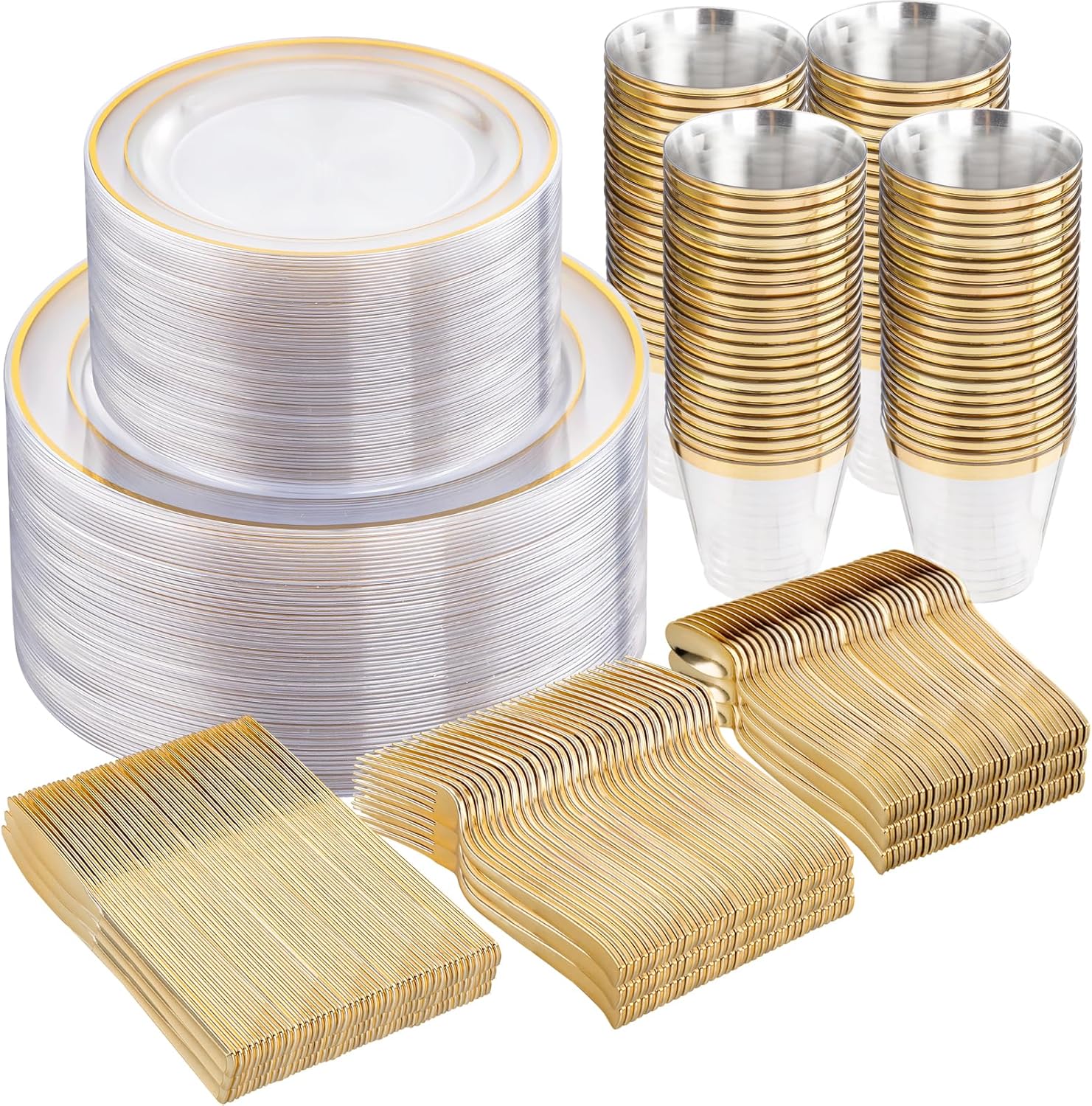 WELLIFE 600pc Gold Trim Plastic Dinnerware Set for Parties
