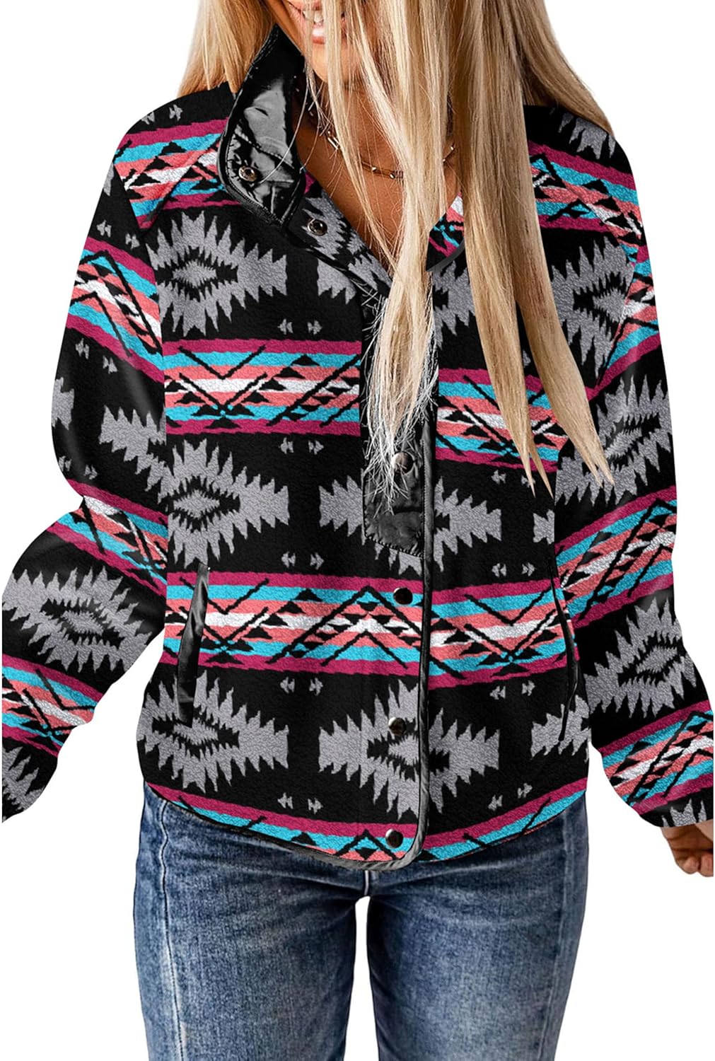 Womens Fleece Jacket with Western Aztec Print for Cozy Style