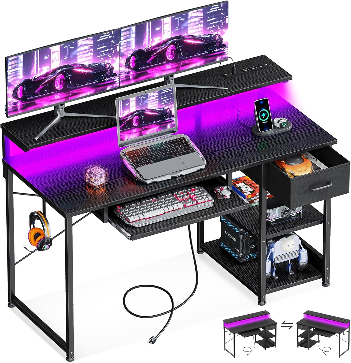 AODK 48 Gaming Desk: LED Lights, Power Outlet & Storage