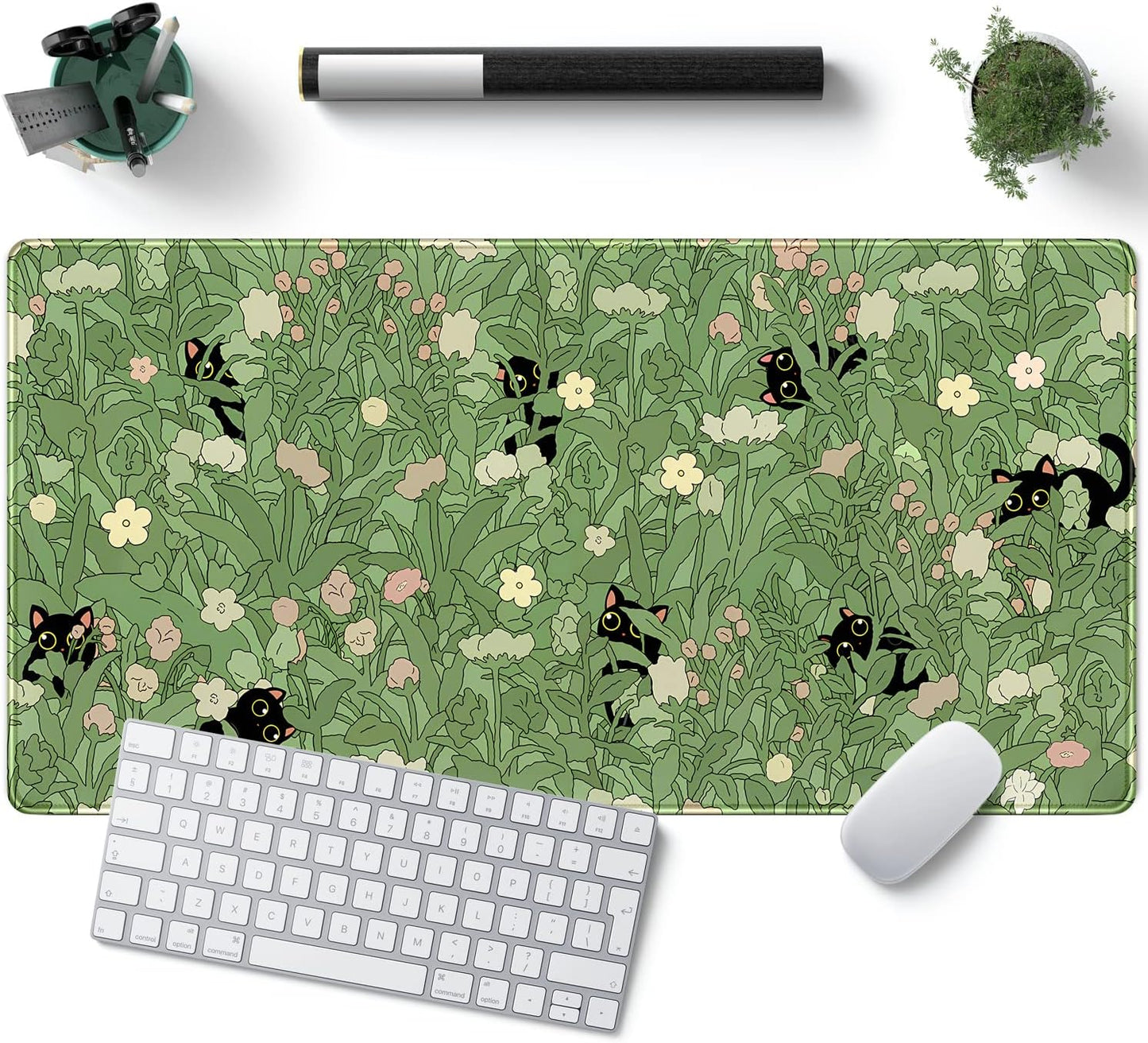 XL Green Desk Mat for Kawaii Cat Lovers, Non-Slip with Stitched Edges - 31.5x15.7in