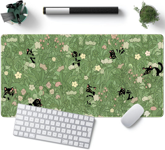 XL Green Desk Mat for Kawaii Cat Lovers, Non-Slip with Stitched Edges - 31.5x15.7in