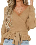 Wrap V Neck Ruffle Sweater Pullover - Slim Tie Waist