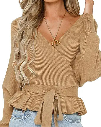 ZESICA Women's Fall Wrap V Neck Long Sleeve Sweater Top