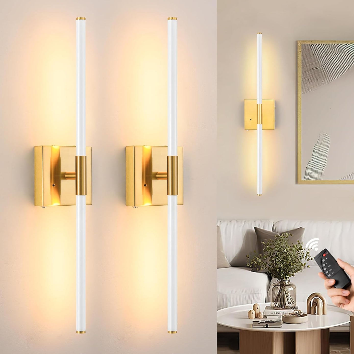 30 Inch White Gold Battery Operated Wall Sconces Set of 2
