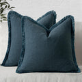 MIULEE Navy Blue Linen Fringe Throw Pillow Covers Set of 2 - Boho