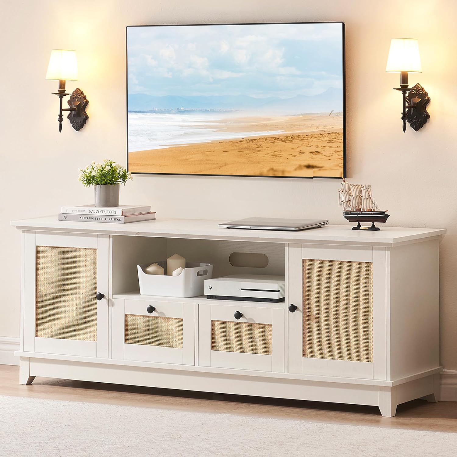 IDEALHOUSE 65+ Inch Rattan TV Stand: Modern Storage Solution