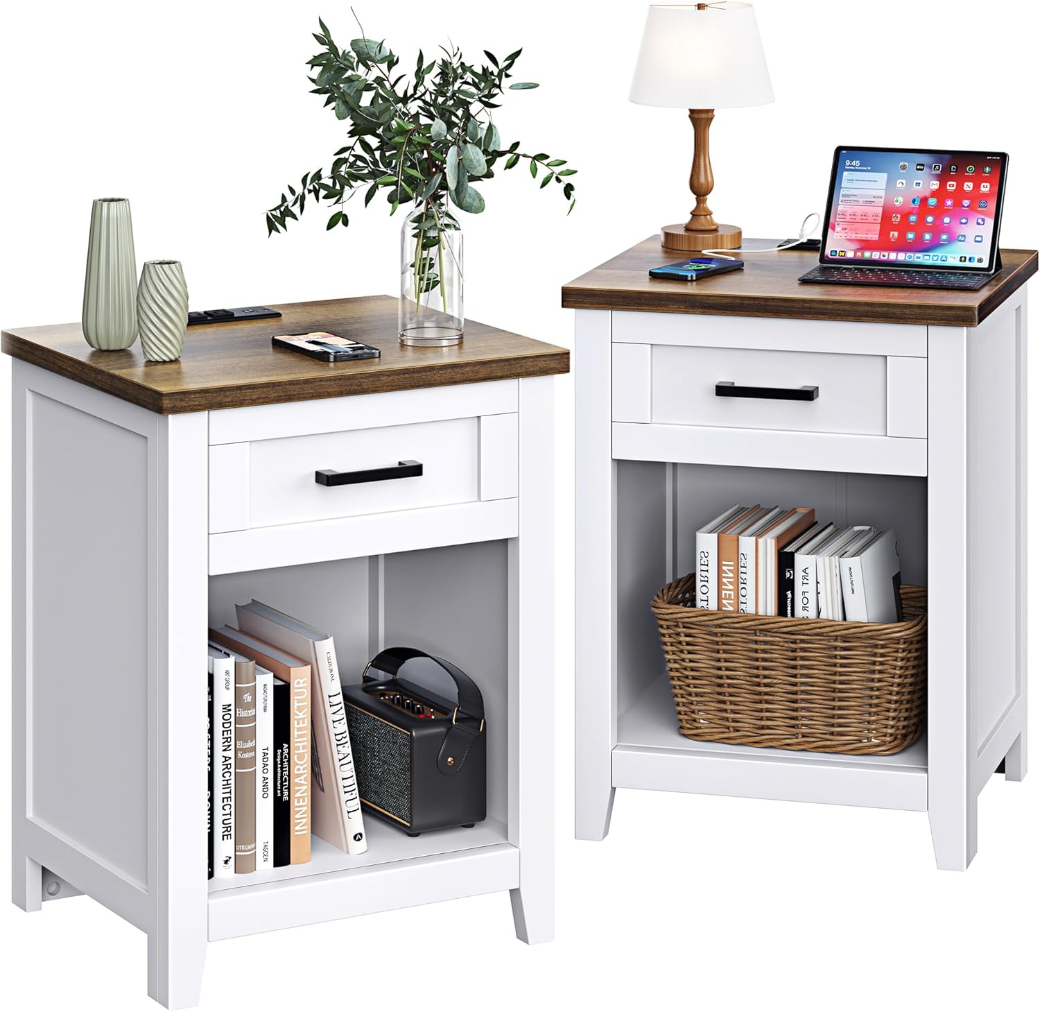 Farmhouse Nightstand with Charging Station & Large Storage Set of 2