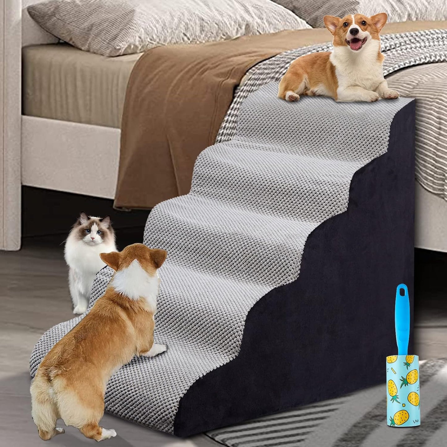 Foam 5 Step Dog Stairs for High Beds - Ideal for Older Pets