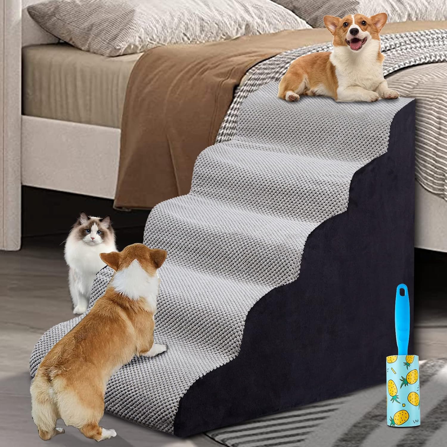 Foam 5 Step Dog Stairs for High Beds - Ideal for Older Pets