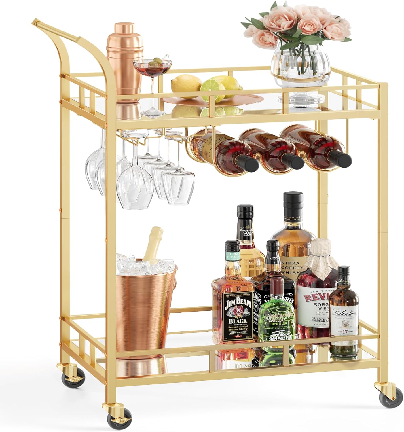VASAGLE Bar Cart Gold with Mirrored Shelves for Home Use