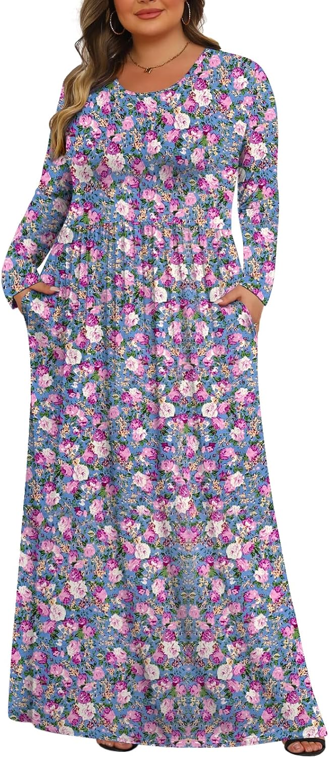 Tencede Plus Size Maxi Dresses with Pockets for Casual Wear
