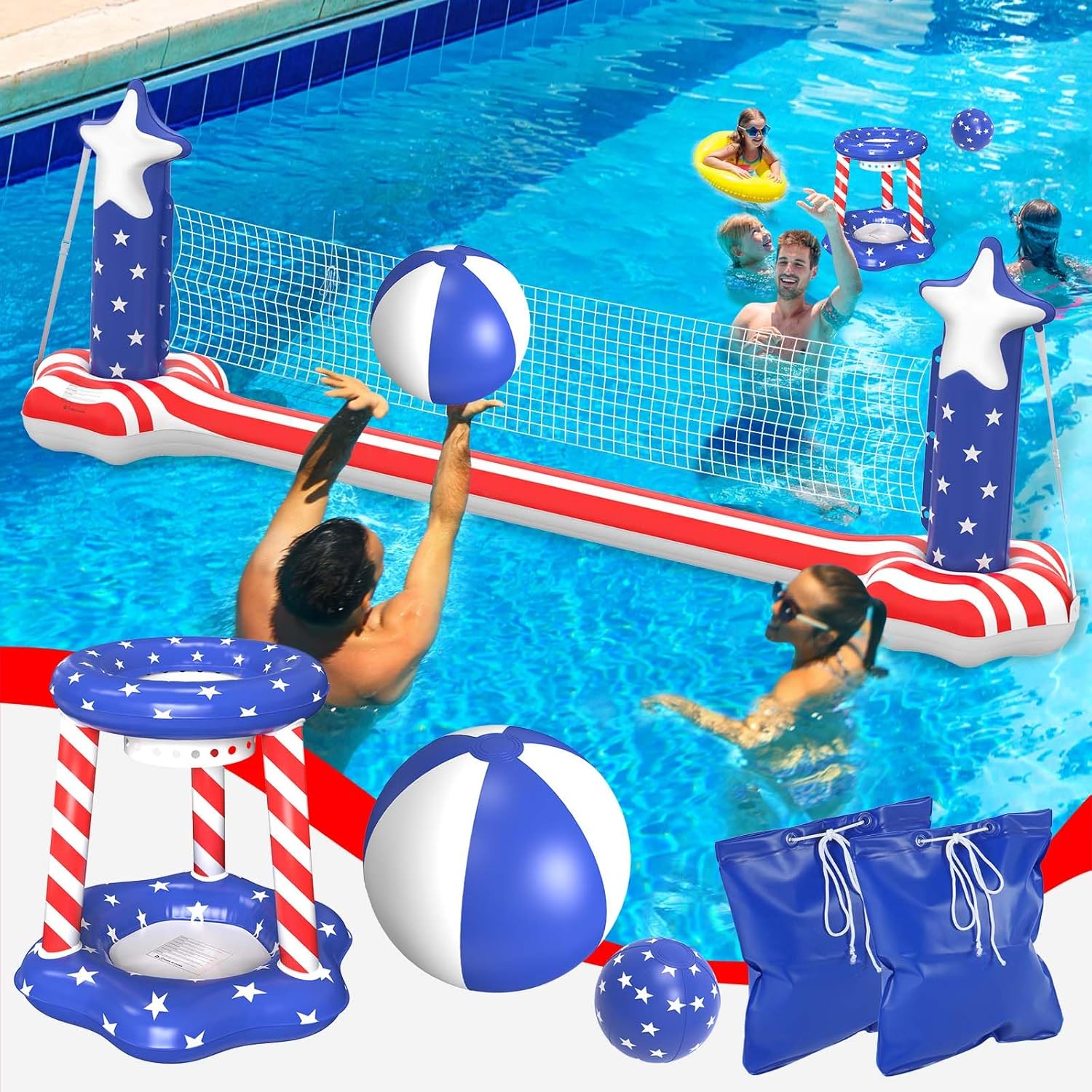 Gardentime Inflatable Volleyball Net & Basketball Hoops for Pool Fun