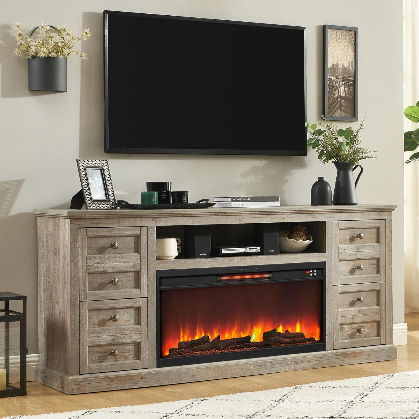 NEO 70'' Fireplace TV Stand - Cozy 36'' Electric Fire, Spacious Storage, Light Rustic Oak