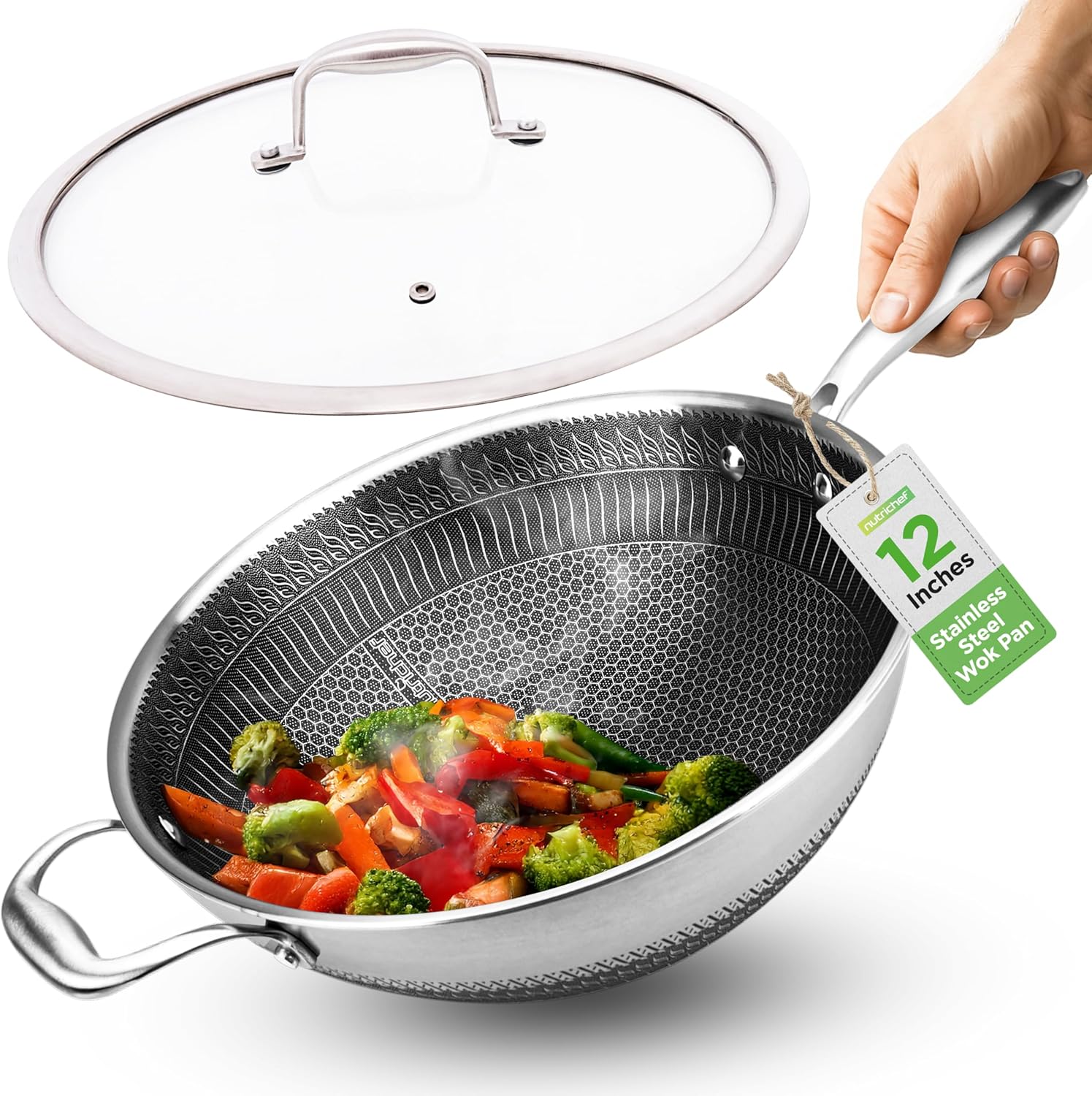 NutriChef 12 Inch Stainless Steel Wok - Induction Ready Non Stick