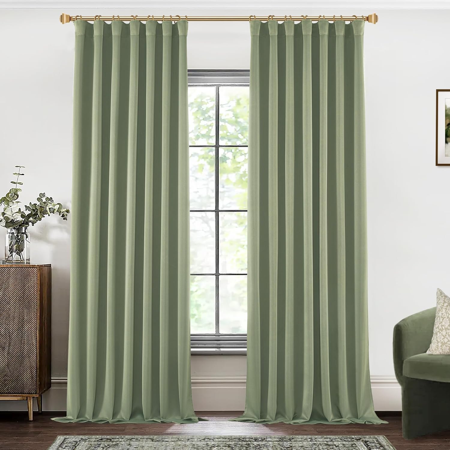 SHINELAND 102 Inch Blackout Curtains for High Ceilings in Sage Green
