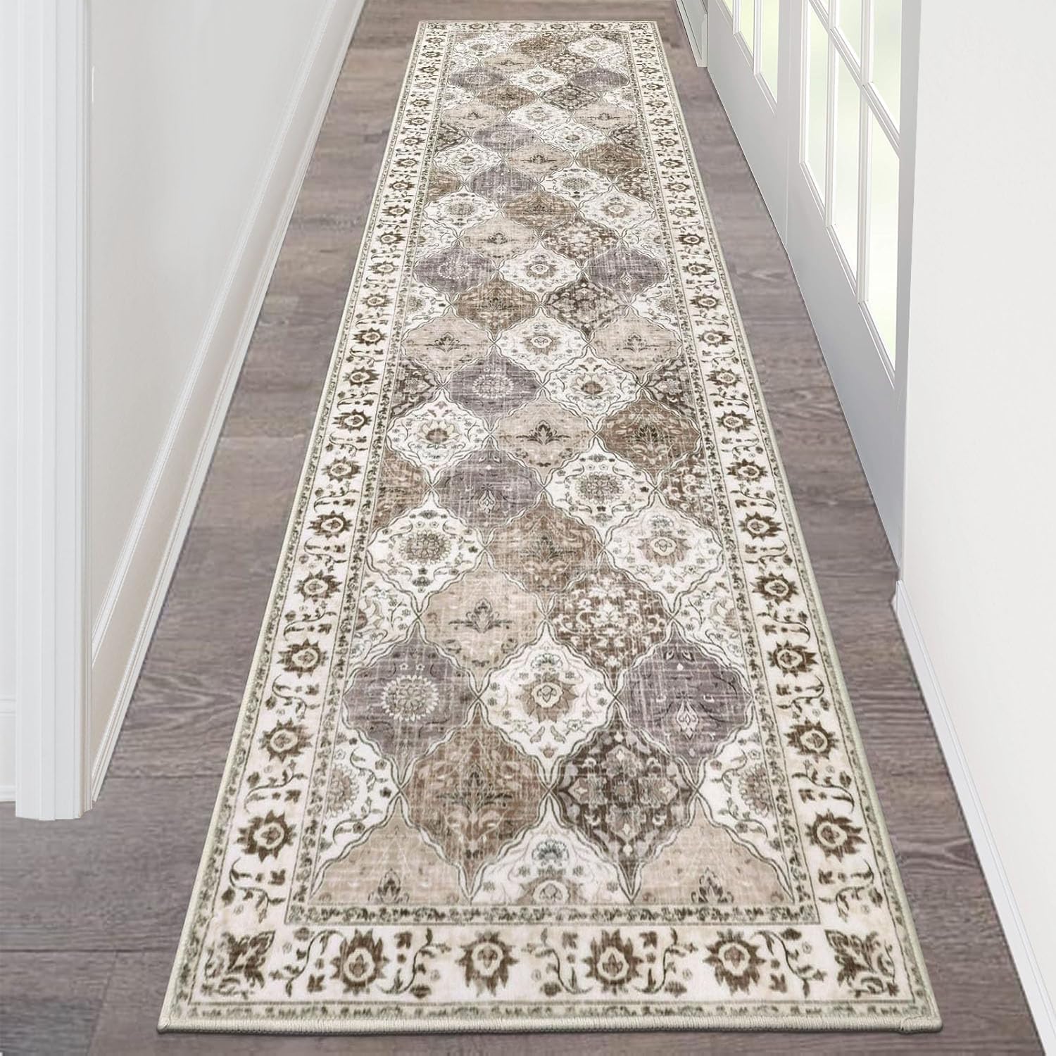 HEBE Hallway Runner Rug 2ftx8ft Vintage Non Slip Boho Carpet