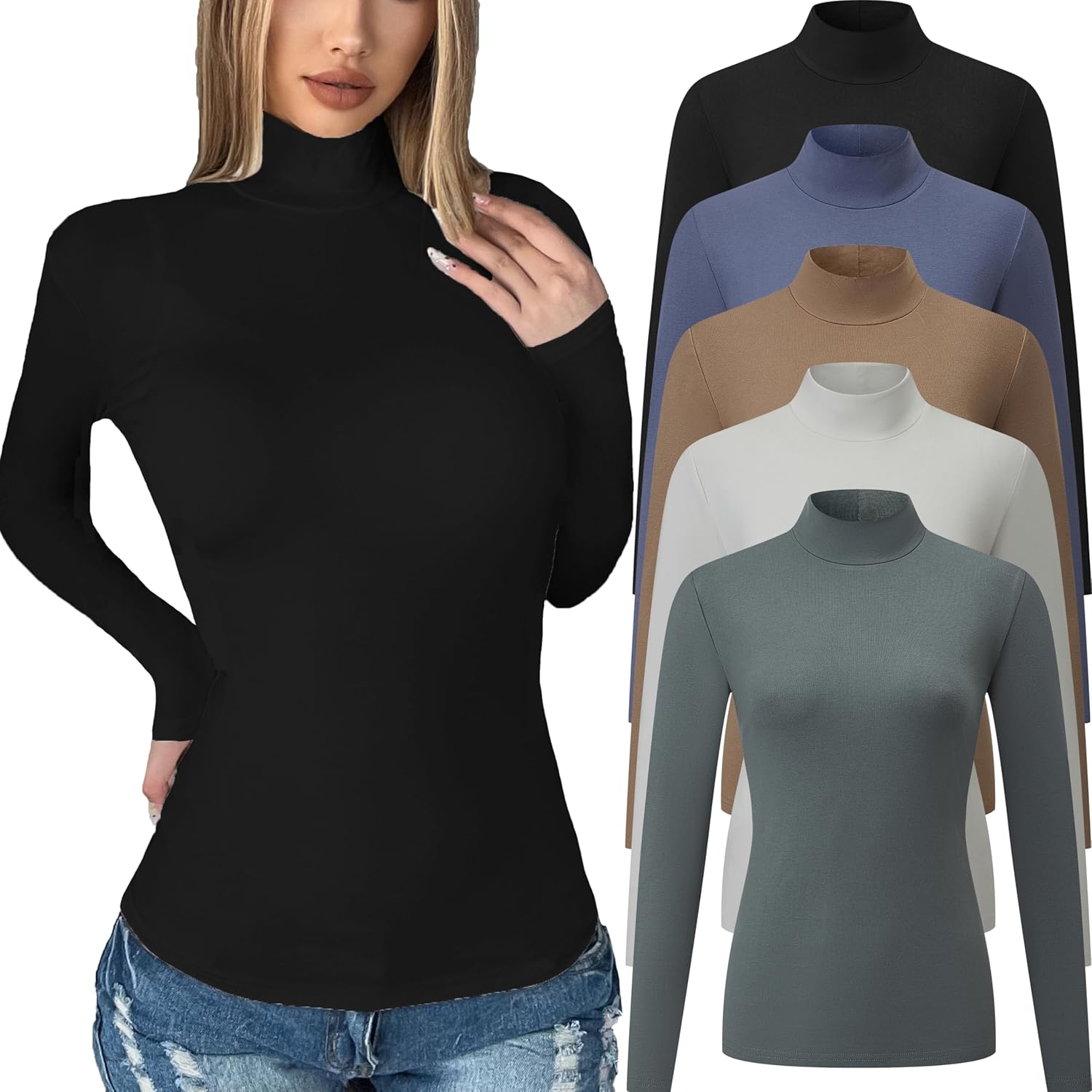 5 Pack Womens Long Sleeve Tops Mock Turtleneck Basic T Shirt