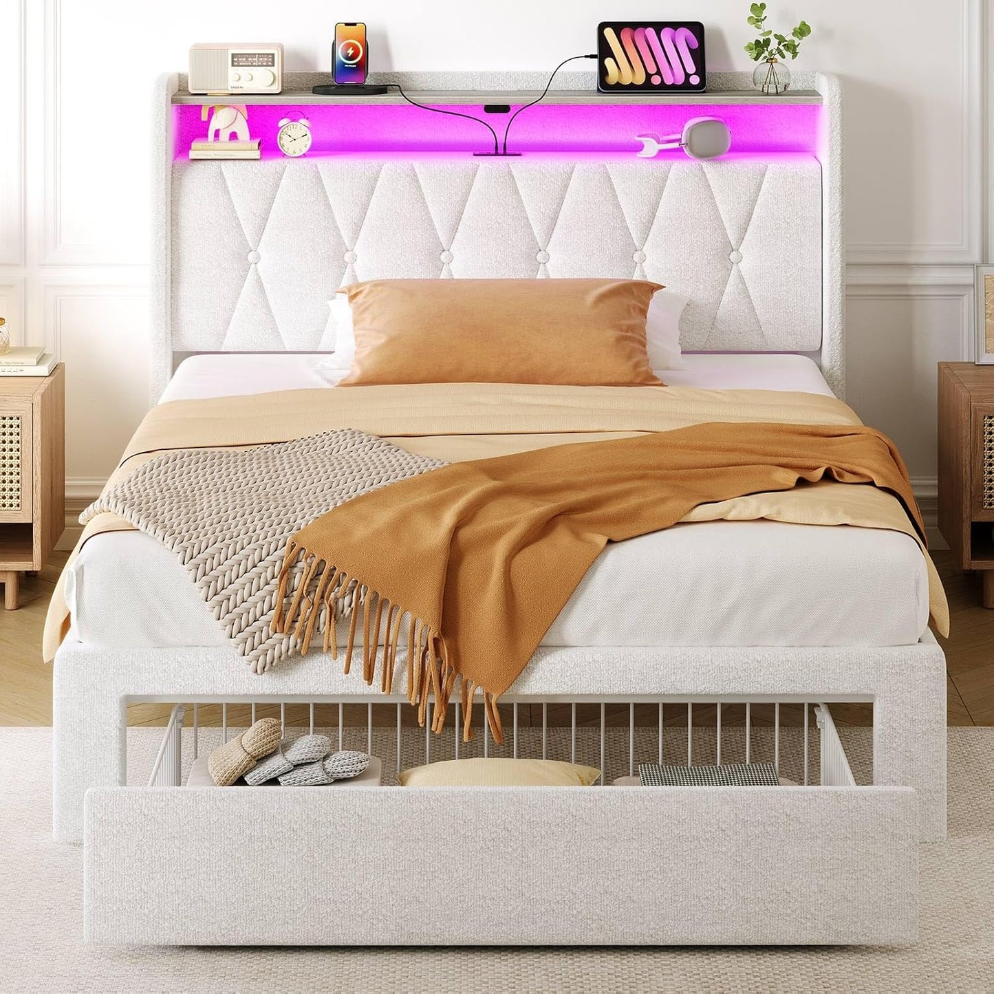 Rolanstar Twin Bed Frame with Drawer and LED Lights for Comfort