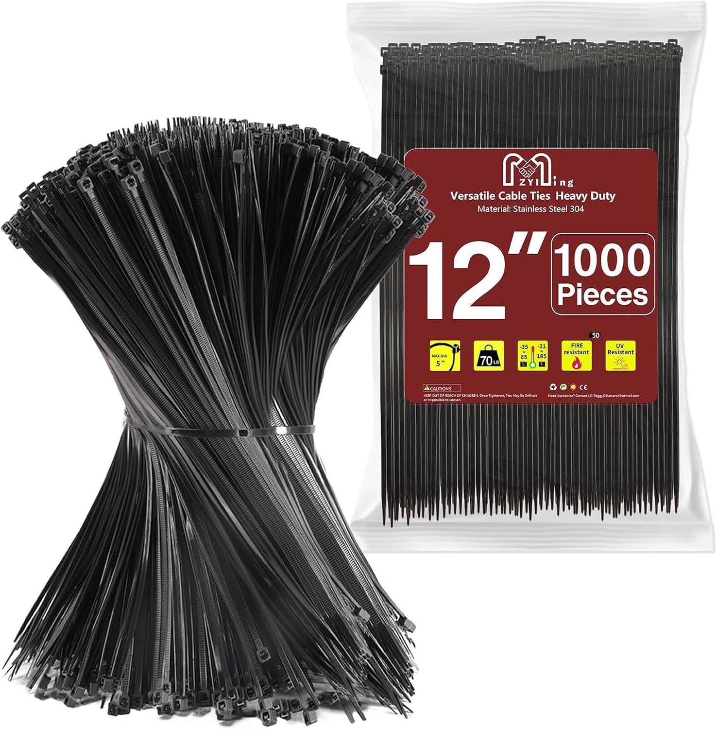 ZYIMING Heavy Duty 12 Cable Ties - 1000 Pack