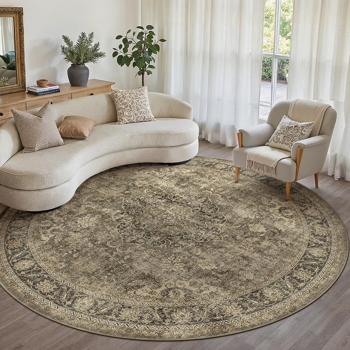 8x8 Washable Brown Round Rug for Vintage Living Room Decor