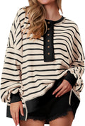 PRETTYGARDEN Striped Oversized Henley Sweatshirt - Cozy Waffle Knit