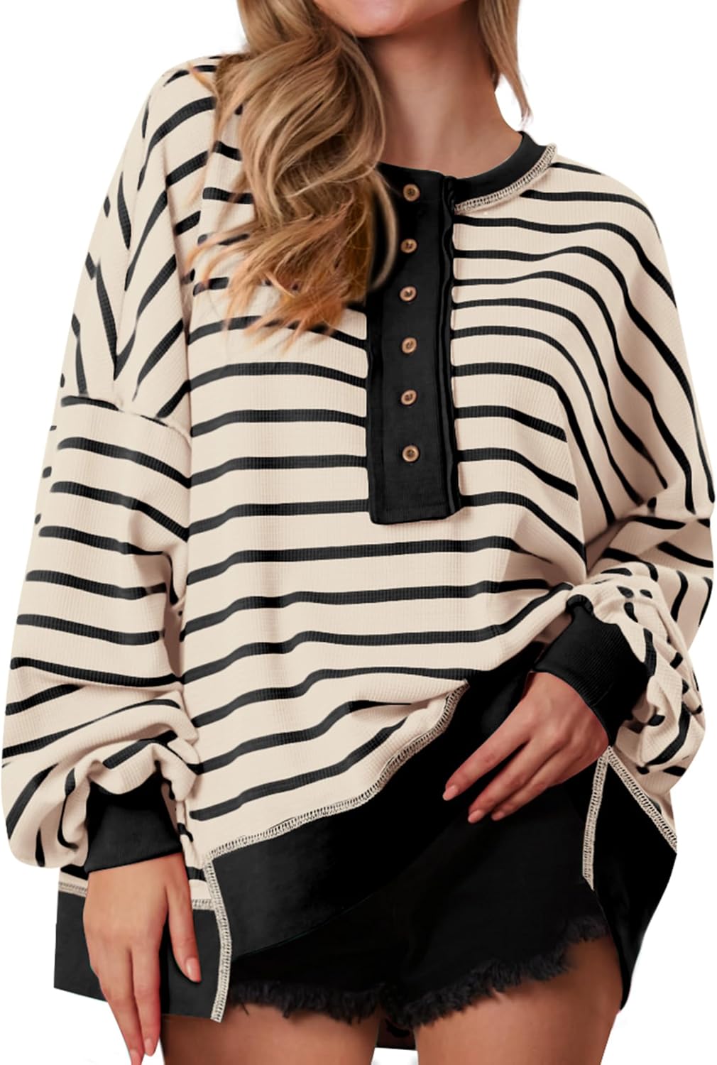 Oversized Striped Sweatshirt for Women - Cozy Waffle Knit Top