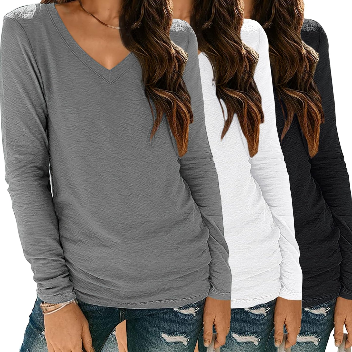 SUNBS 3 Pack Womens Long Sleeve V Neck Tops for Casual Fashion
