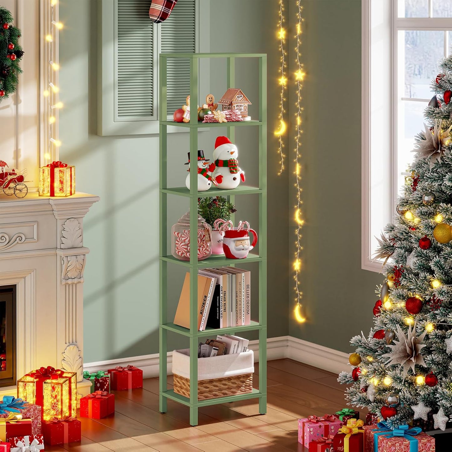 6-Tier Tall Book Shelf for Small Spaces - Olive Green Design