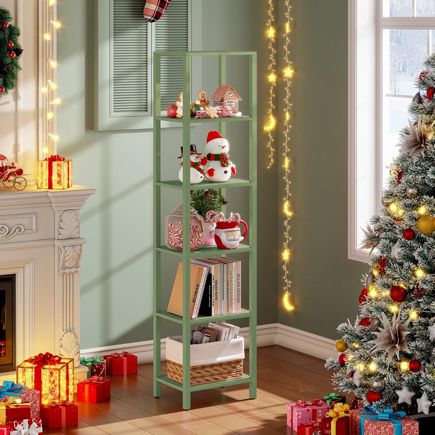 6-Tier Tall Book Shelf for Small Spaces - Olive Green Design