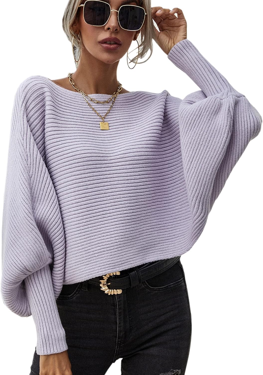 ECOWISH Women Sweater Long Sleeve Color Block Knit Pullover