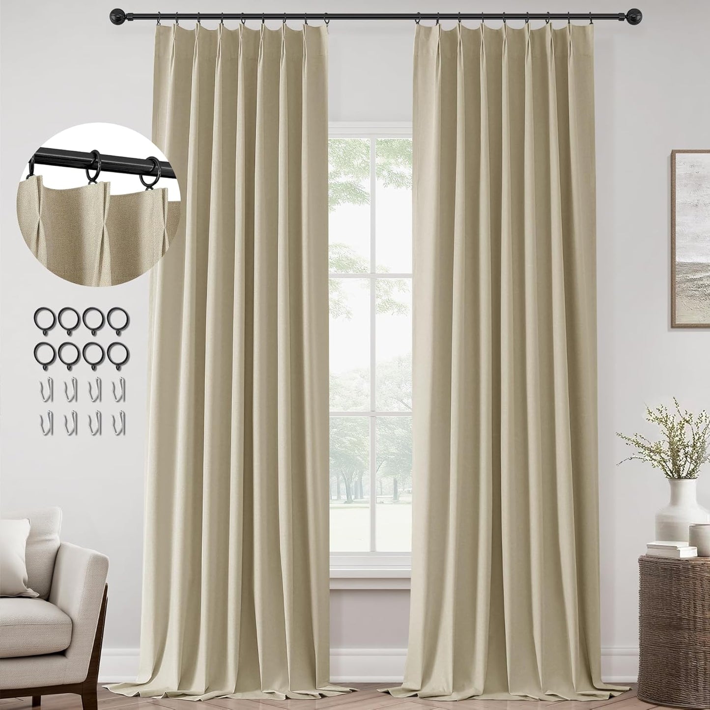 ChrisDowa Greyish Beige Pinch Pleated Blackout Curtains 96 in