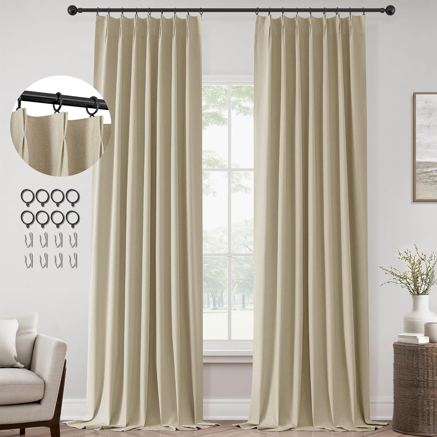 ChrisDowa Greyish Beige Pinch Pleated Blackout Curtains 96 in