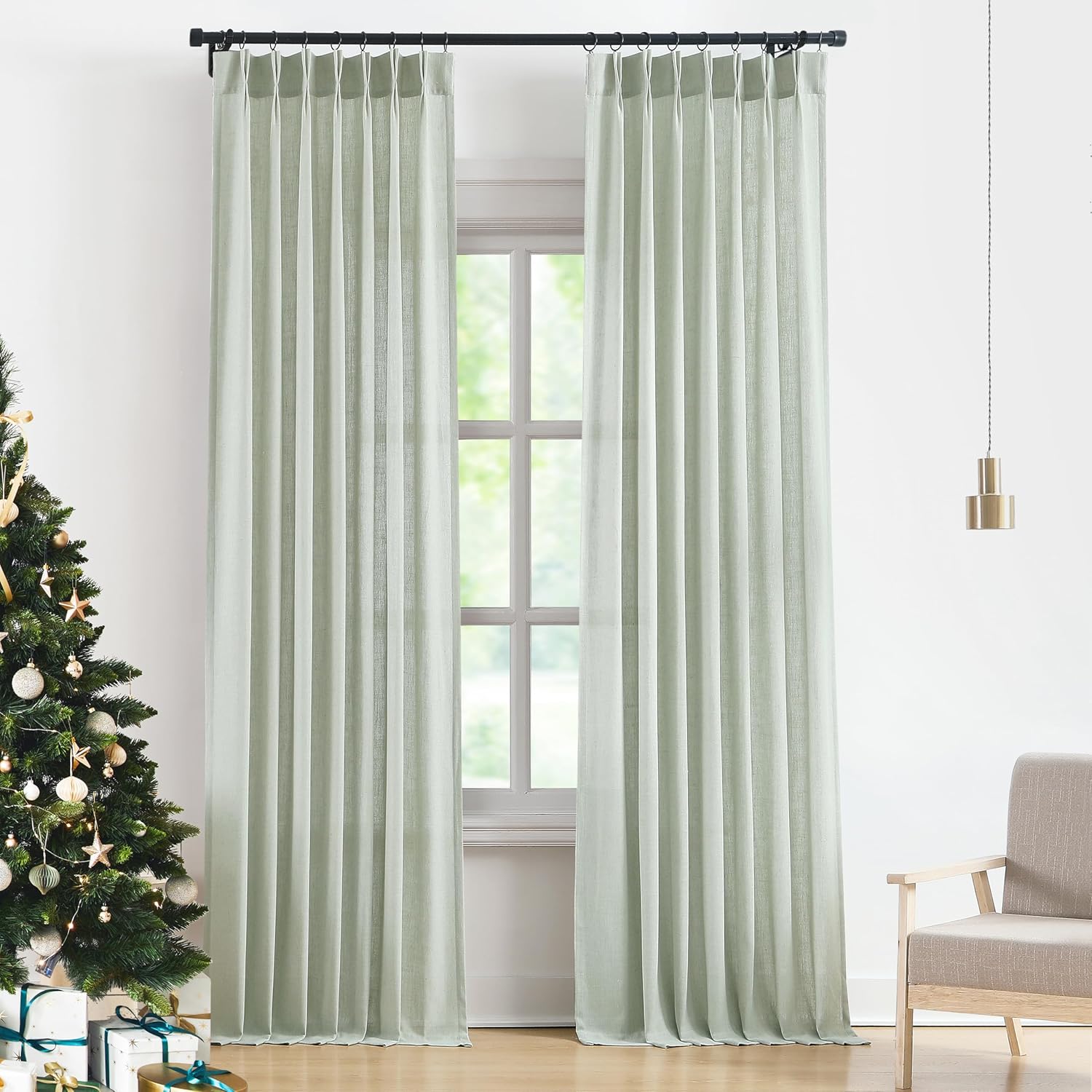 Soft Green Pinch Pleated Semi Sheer Curtains for Home Decor