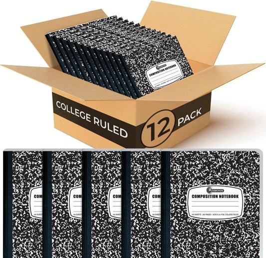 Rosmonde Black Marble College Ruled Notebooks - 12 Pack, 200 Pages Bulk Bundle