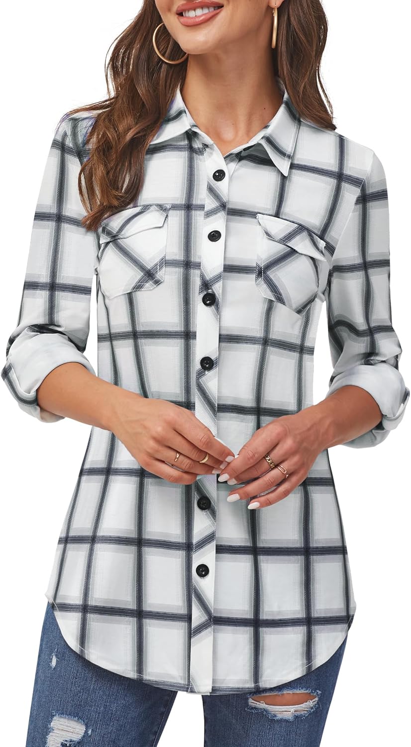 DJT Womens Soft Stretchy Knit Plaid Shirts for Every Occasion