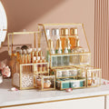 Clear Makeup Organizer with Gold Frame - Luxurious Countertop Storage