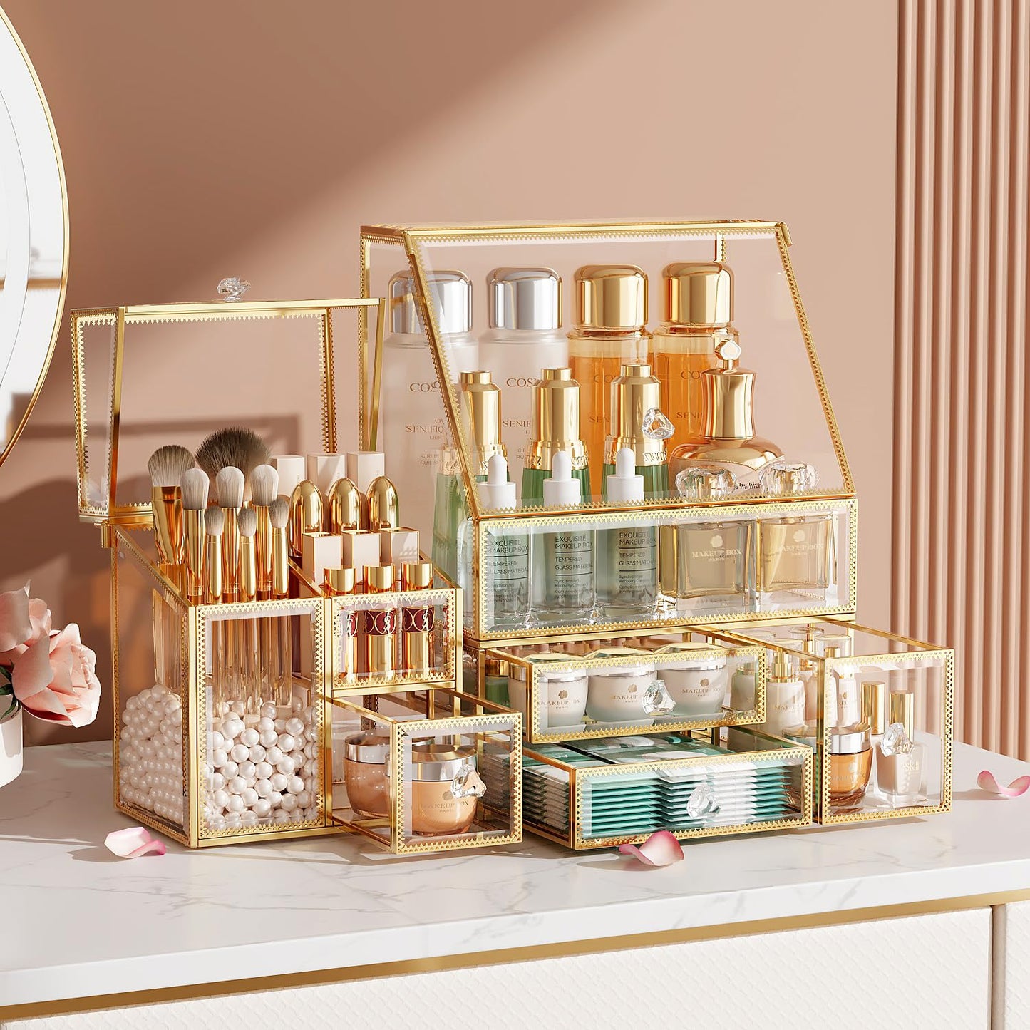 Clear Makeup Organizer with Gold Frame for Elegant Storage