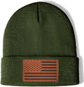 American Flag Beanie Hat for Men Women - Leather Patch & Warm Acrylic